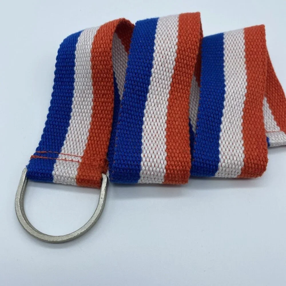 Orange White Blue Striped Woven D Ring Belt Teen's Size XS End to End 26